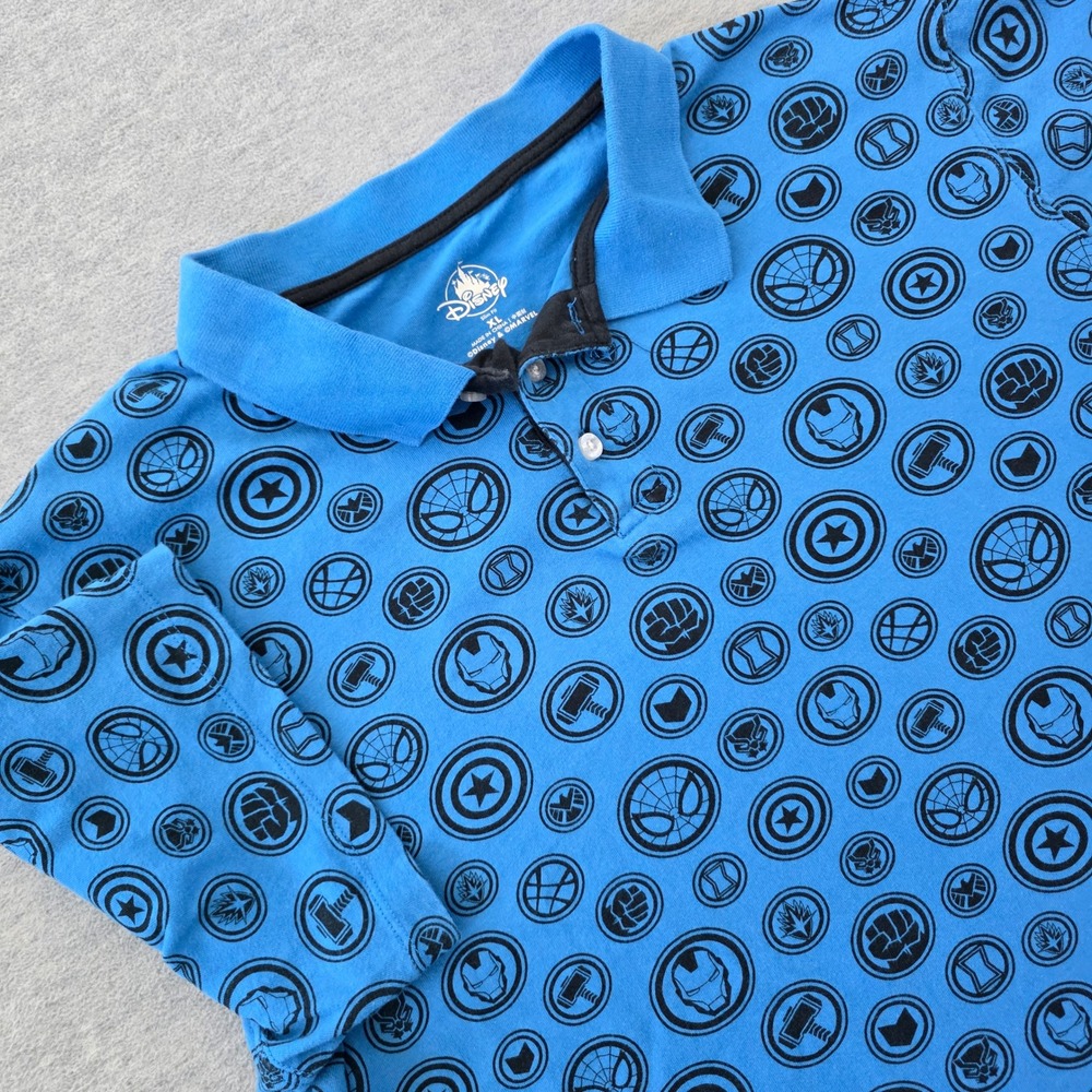 Disney Marvel Avengers All Over Print Polo Shirt Mens XL Blue Slim Fit Cotton